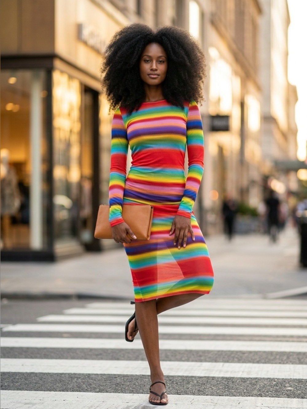 Multicolor Striped Long Sleeve Midi Dress - Vibrant Rainbow Sz XS NWT